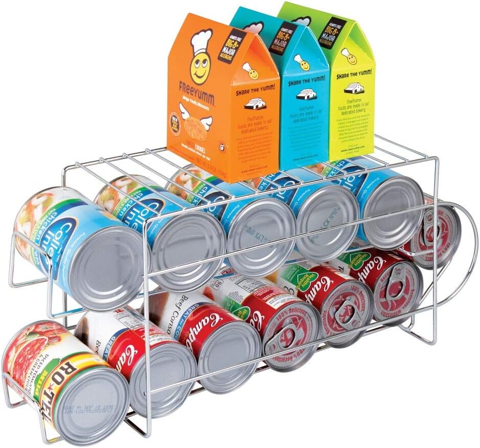 mDesign 2-Tier Metal Wire Standing Pop/Soda and Food Can Dispenser Storage Rack Organizer with Top Shelf for Kitchen Pantry, Countertop, Cabinet - Holds 12 Cans - Chrome