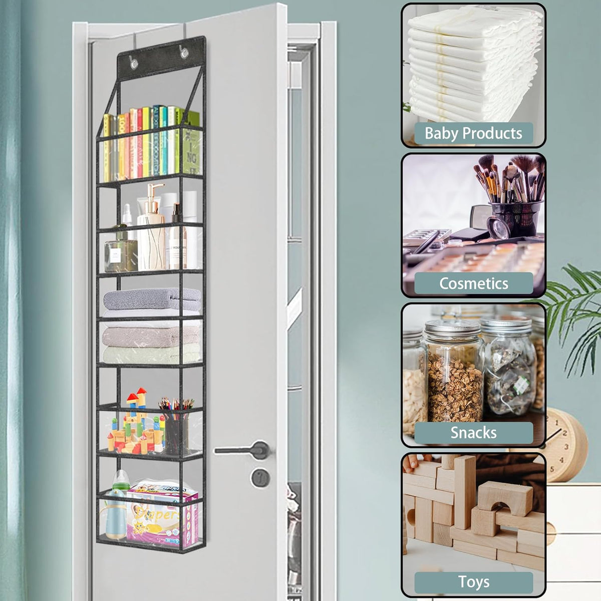 5-Shelf Over The Door Pantry Organizer with Clear Pockets, Heavy Duty Hanging Storage for Closet, Bedroom, Bathroom, and Nursery (Black, Holds up to 28 lbs)