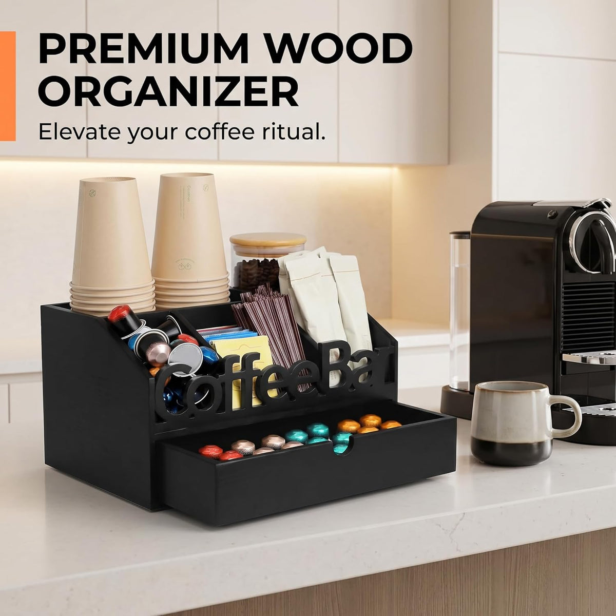 Coffee Bar Organizer for Countertop – Wooden Coffee Caddy with Compartments for Pods, Sugar Packets, and Accessories – Coffee Condiment Station Storage for Home and Office (Black)