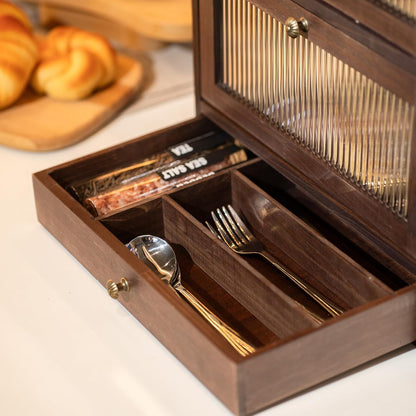 Solid Wood Bread Box for Kitchen Countertop with Drawer, 2-Tier Large Wooden Bread Storage Bin with Cutlery Organizer, Farmhouse Bread Keeper for Homemade Bread, Brown (50 Deli Papers)