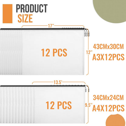 YOPCDJ 24pcs Mesh Zipper Pouch File Bags Puzzle Storage Bags, A3 17x12 Inches Large Reusable Zipper Pouches for Organizing Classroom Board Game Organization