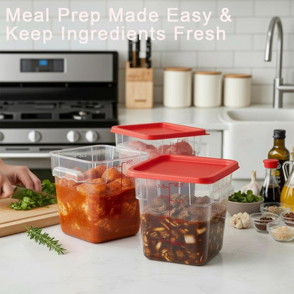 4 Pack 4QT Food Storage Containers with Green Lids, Clear Square Restaurant Commercial Food Storage Containers with Handle and Scale, Marinating Container Dough Rising Bucket for Home & Dining