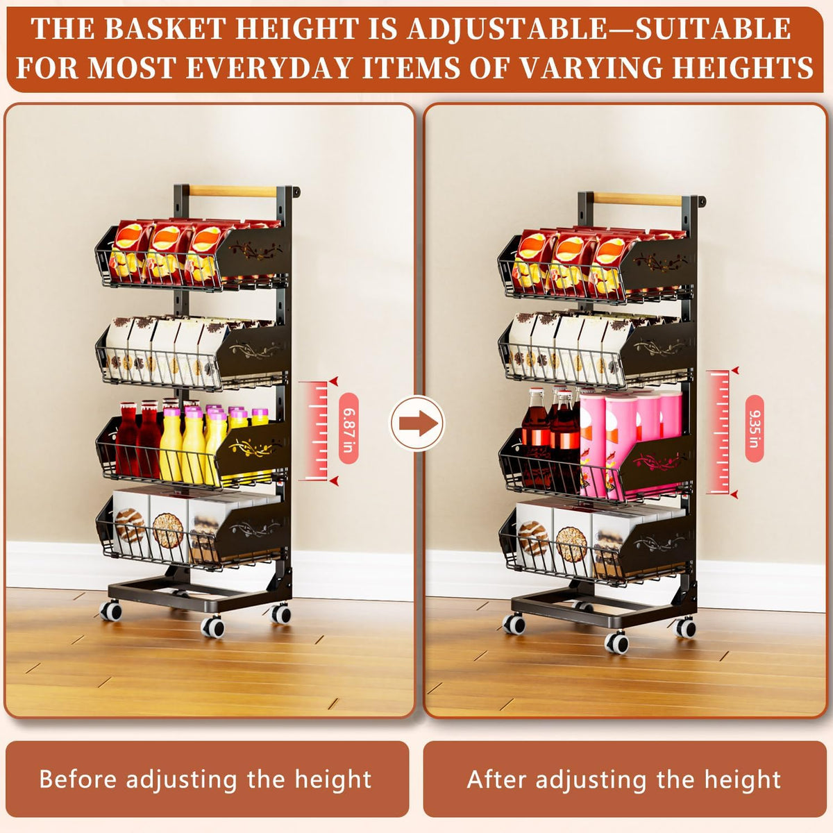 Heavy 4-Tier Snack Cart with Wheels ，Removable Rolling Pantry Floor Organizers ，Upgraded Wider and Thicker, Kitchen Fruit Basket Stand and Storage Rack for Fruit Snack Onion Potato