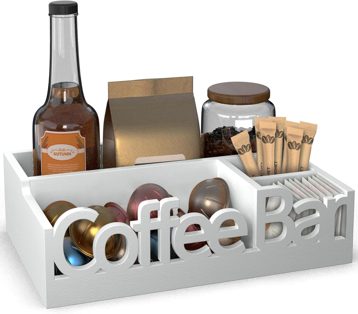 Coffee Bar Organizer for Countertop – Wooden Coffee Caddy with Compartments for Pods, Sugar Packets, and Accessories – Coffee Condiment Station Storage for Home and Office (Black)