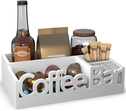 Coffee Bar Organizer for Countertop – Wooden Coffee Caddy with Compartments for Pods, Sugar Packets, and Accessories – Coffee Condiment Station Storage for Home and Office (Black)