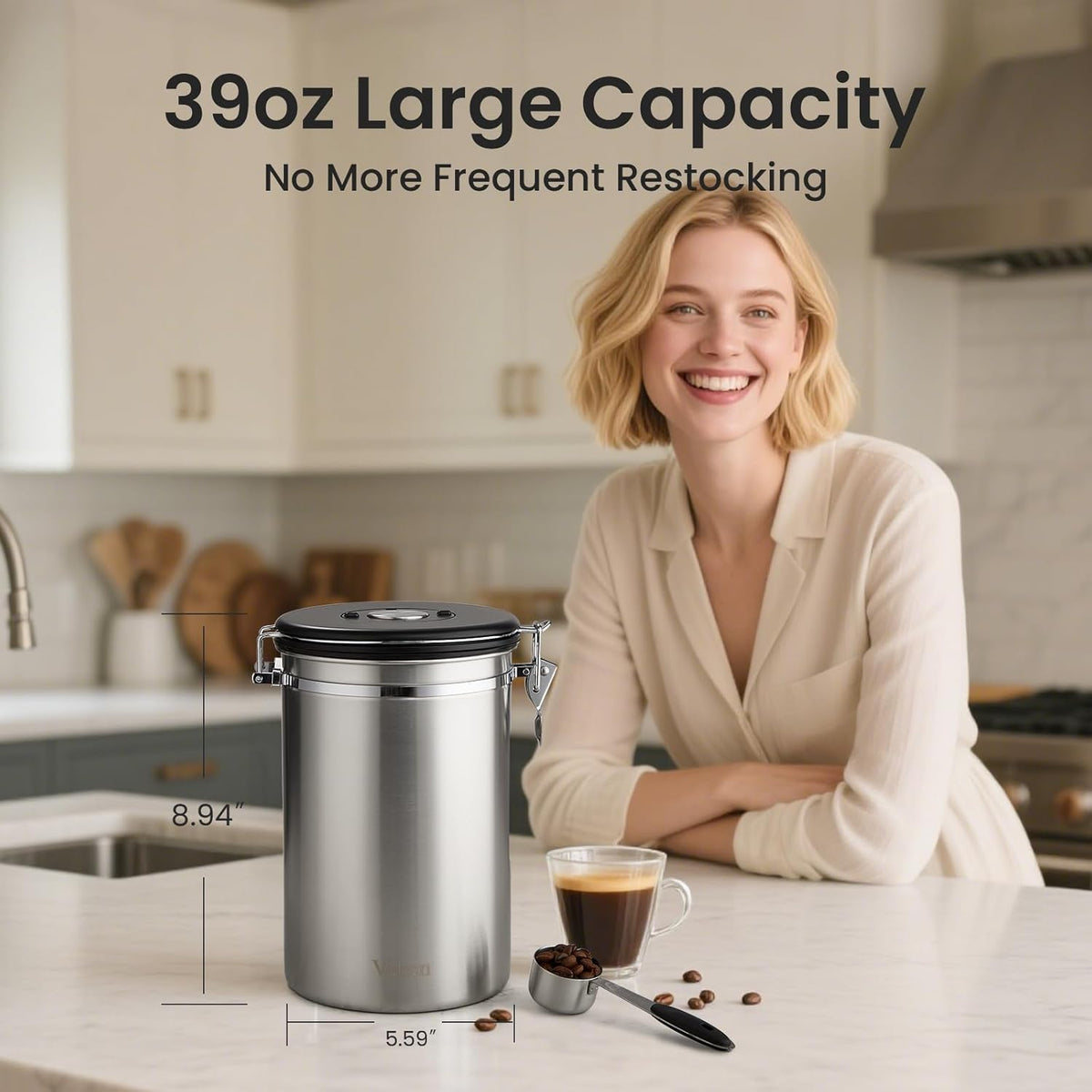 Veken Coffee Canister, 39OZ Large, Mothers Day Gifts For Women, Airtight Stainless Steel Food Storage Container for 2.2lbs Coffee Beans, Ground, Sugar, Tea, Flour, Cereal,Kitchen Bar Accessories,Cream