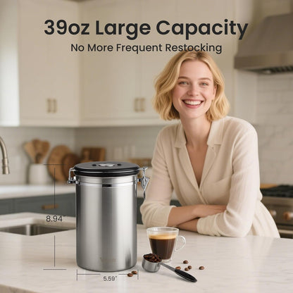 Veken Coffee Canister, 39OZ Large, Mothers Day Gifts For Women, Airtight Stainless Steel Food Storage Container for 2.2lbs Coffee Beans, Ground, Sugar, Tea, Flour, Cereal,Kitchen Bar Accessories,Cream