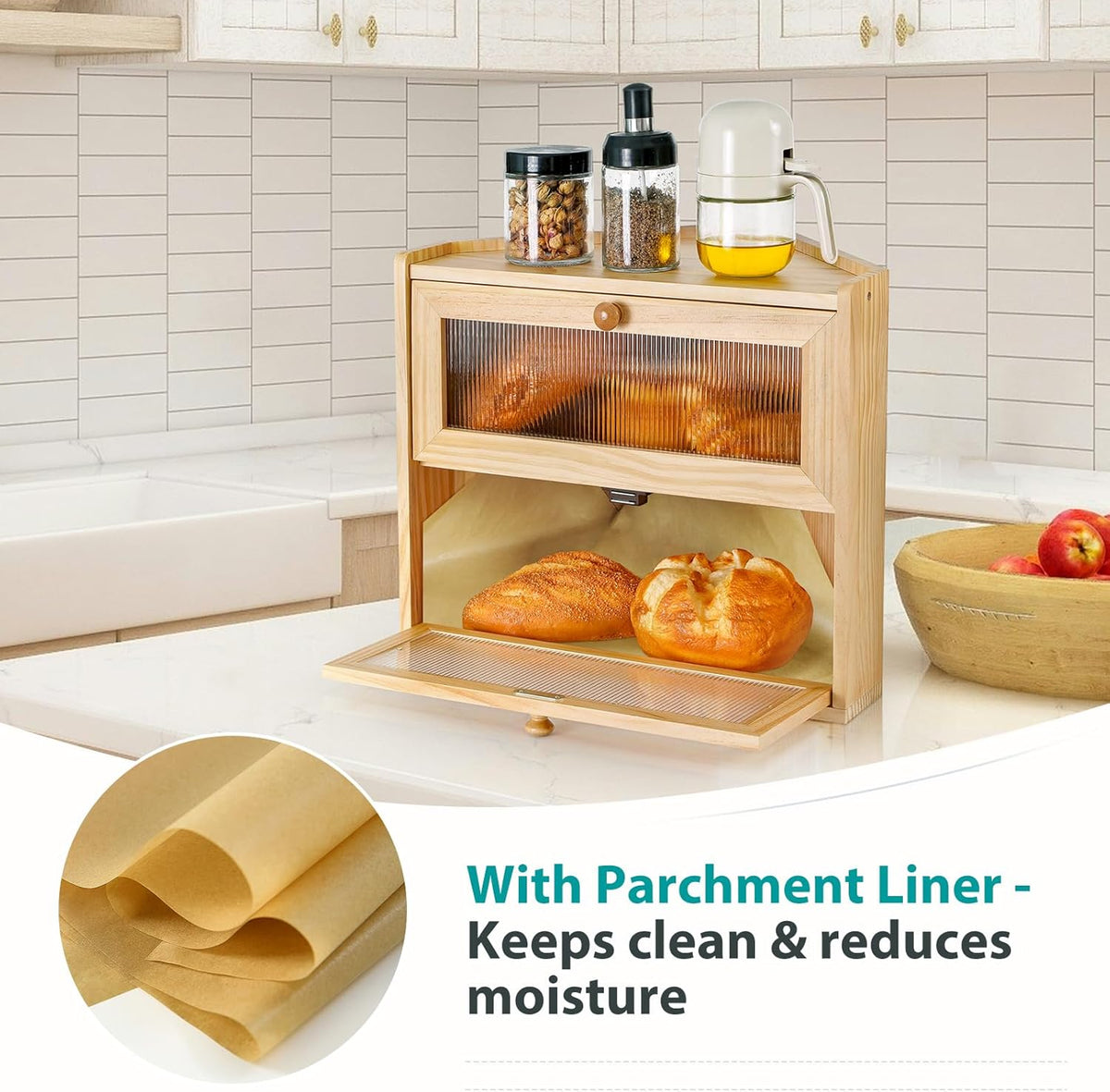 Sunhoo Bread Box for Kitchen Countertop Corner Large Wooden Bread Bin 2 Tier Rustic Food Storage Container with Acrylic Window Farmhouse Keeper Shelf Organizer for Loaves Pastries & Snacks (Brown)