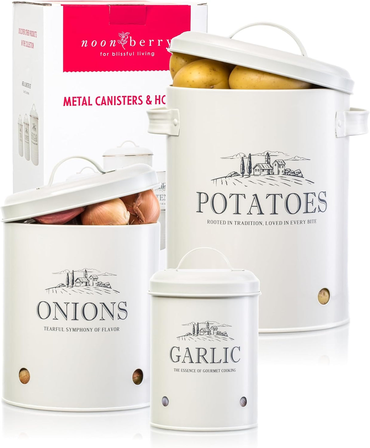 noonberry Potato and Onion Storage Bin Set – 3-Piece Ventilated Potato Storage Bin, Onion Storage Container and Garlic Container – Cream-White Magnolia Finish