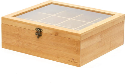 RoyalHouse Big Natural Bamboo Tea Storage Organizer with Clear Acrylic Top Window, 8 Compartments Eco-Friendly Tea Bag Holder, Multi-Functional Storage Box