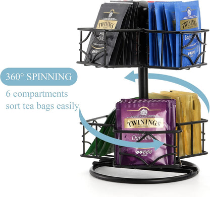 Frcctre Tea Bag Organizer, 360 Degree Tea Bag Spining Carousel Organizer with 6 Compartments, Lazy Susan Sugar Coffee Creamer Caddy for Kitchen Counter Cabinet Organizer, Up to 60 Tea Bags Storage