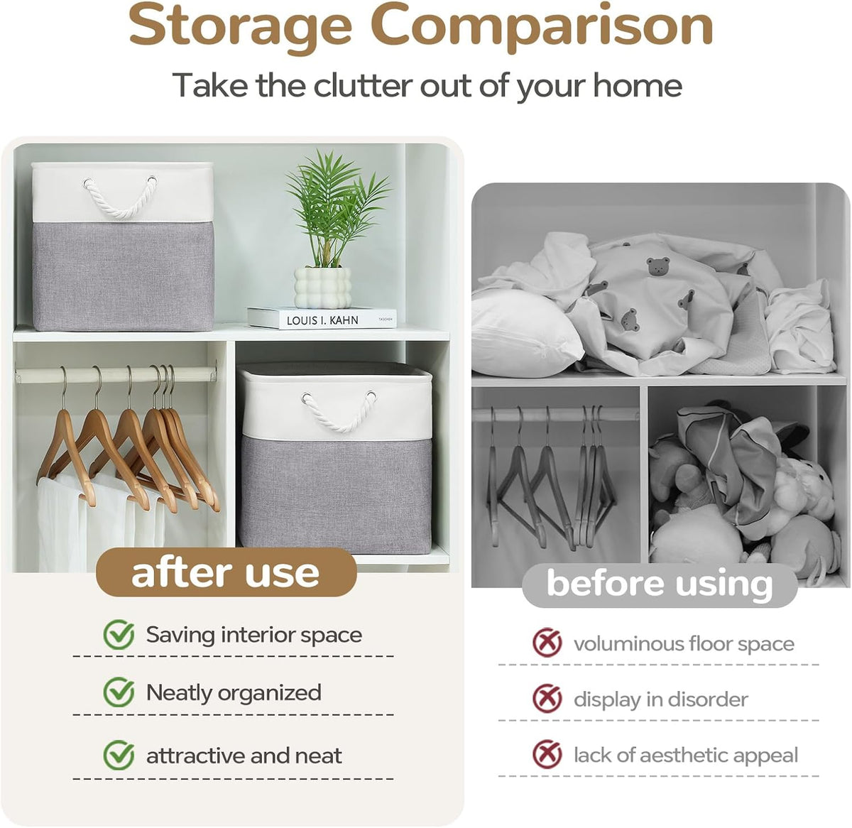 Large Storage Baskets- 15.7x11.8x8.26 inch Storage Bins for Shelves and Closet Organizing, Foldable Fabric Bin for Home Organization Clothes and Laundry (3-Pack, White&Khaki)