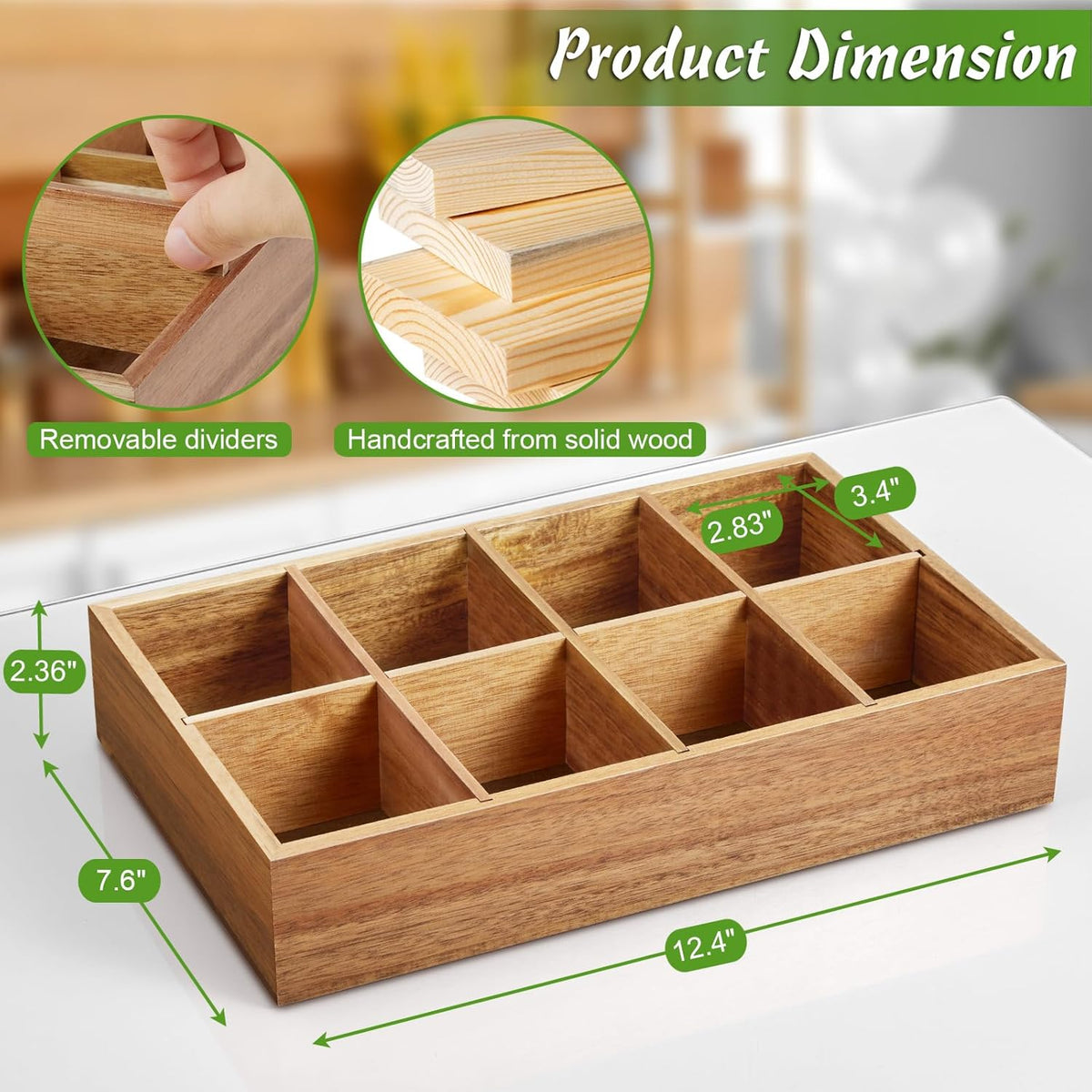 DRASTAR Tea Bag Organizer, Acacia Tea Bag Holder, Tea Storage Containers with 3 Slots, Wooden Tea Storage Accessories, Mini Tea Bag Caddy Box for Countertop
