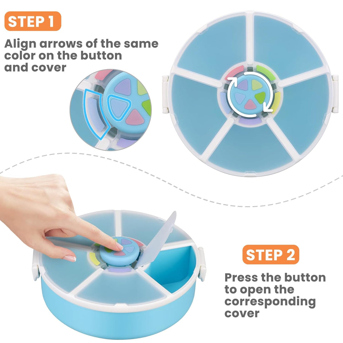 Pawtong Snack Rotator Container Reusable Snack Box with 5 Compartment Dispenser and Lid, Color Matching Opening Lid, BPA and PVC Free, for Home, School, Travel (Purple)