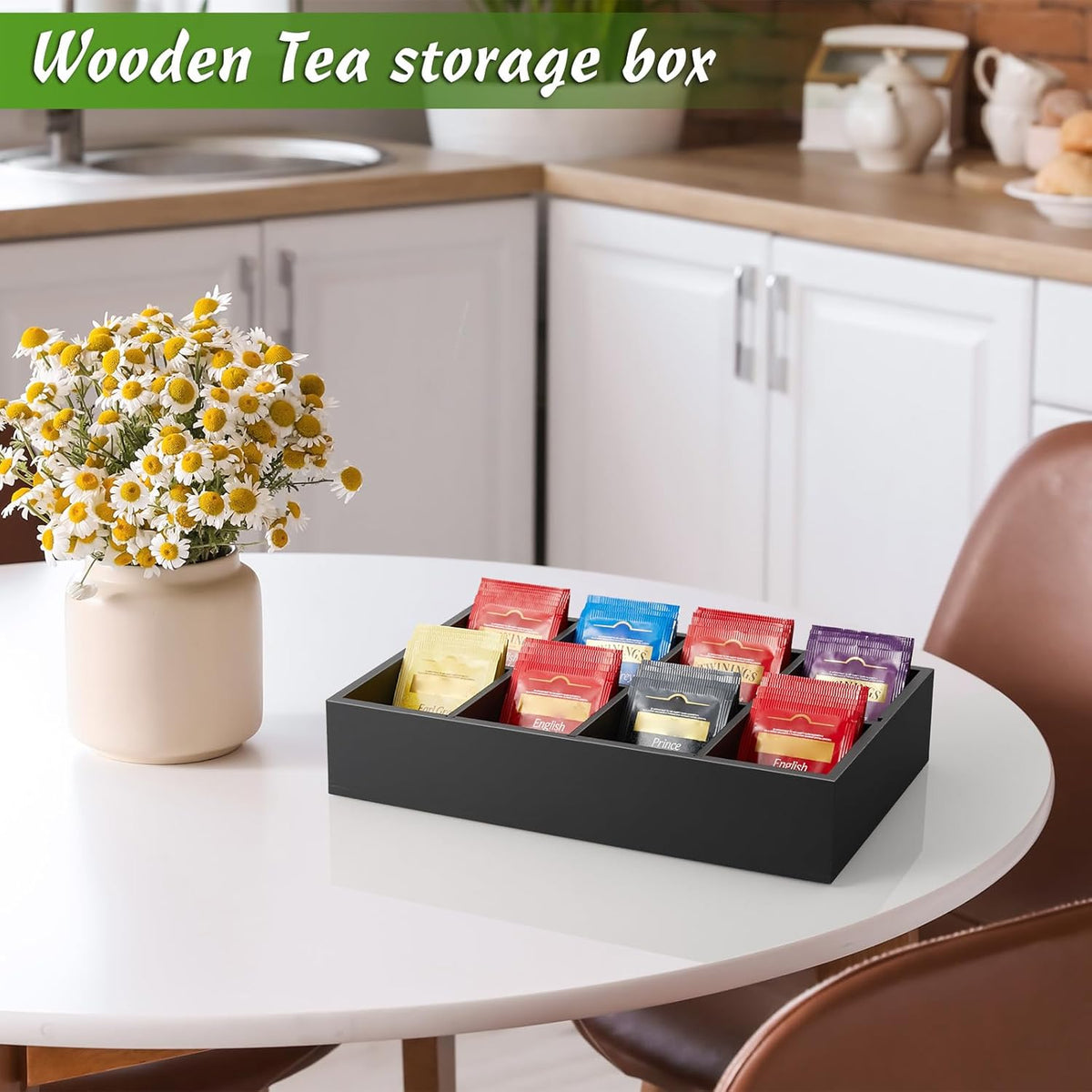 DRASTAR Tea Bag Organizer, Acacia Tea Bag Holder, Tea Storage Containers with 3 Slots, Wooden Tea Storage Accessories, Mini Tea Bag Caddy Box for Countertop