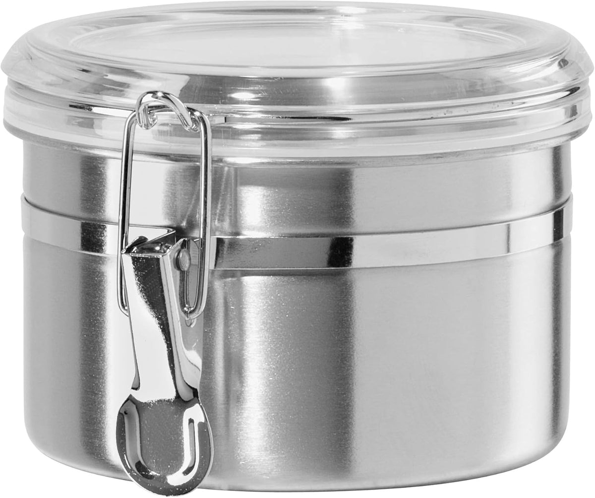 Oggi Stainless Steel Kitchen Canister 152 fl oz - Airtight Clamp Lid, Clear See-Thru Top - Ideal for Kitchen Storage, Food Storage, Pantry Storage. Jumbo Size 8" x 8".