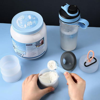 Baderke 2 Pcs Protein Powder Container with Funnels Stand, 4 Stackable Leakproof Protein Powder Dispenser, Portable Keychain Powder Container for Workout, Fitness, Travel(Gray, White)