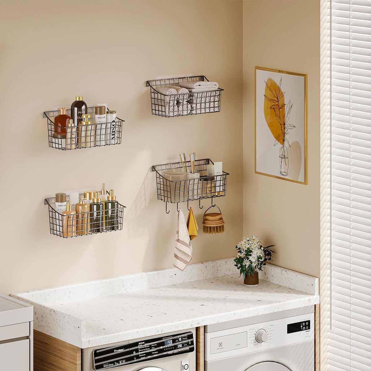 Sonyabecca 6 Pack Hanging Wall Basket for Organizing, Large Wire Basket for Storage Pantry with 5 S Hook+6 Adhesive Hook, Wall Mounted Shelf for Kitchen Bathroom