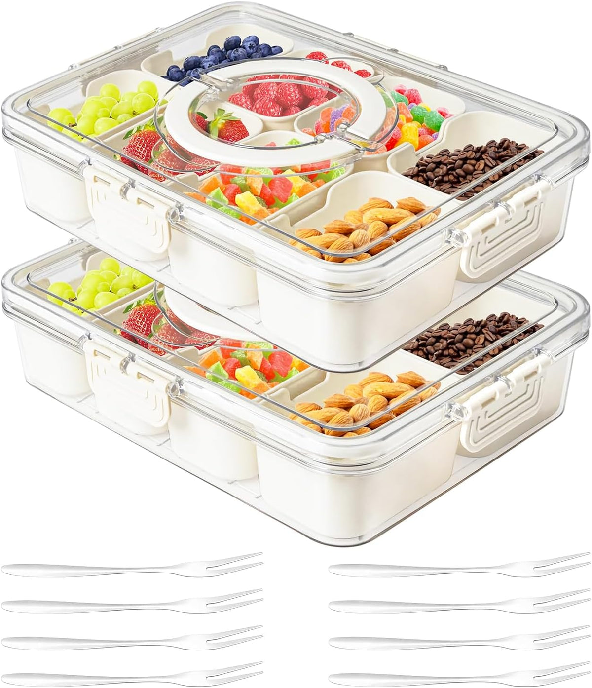 Dunruz Snackle Box Container,Portable Snack Box 8 Compartment Divided Serving Tray with Lid,Clear Storage Organizer for Fruit Candy Nuts Veggie-Perfect for Road Travel Party (8 Compartments)