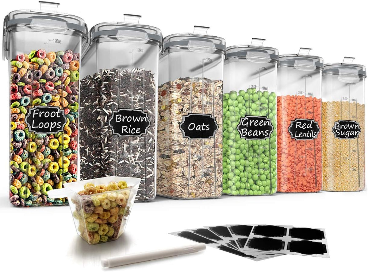 Wildone Cereal Storage Containers Set, Large BPA Free Plastic Airtight Food Storage Containers 4L for Flour, Sugar, 6 Piece Set Cereal Dispensers with 20 Labels & Marker, Black