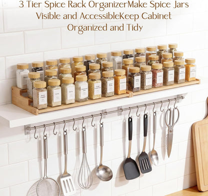 Spice Rack Organizer for Cabinet, 18in Bamboo Tiered Spice Rack，Used for Kitchen Countertops and Food Storage Room Organizer，Specially Designed for Jars and Spice Bottles(Bamboo, L)