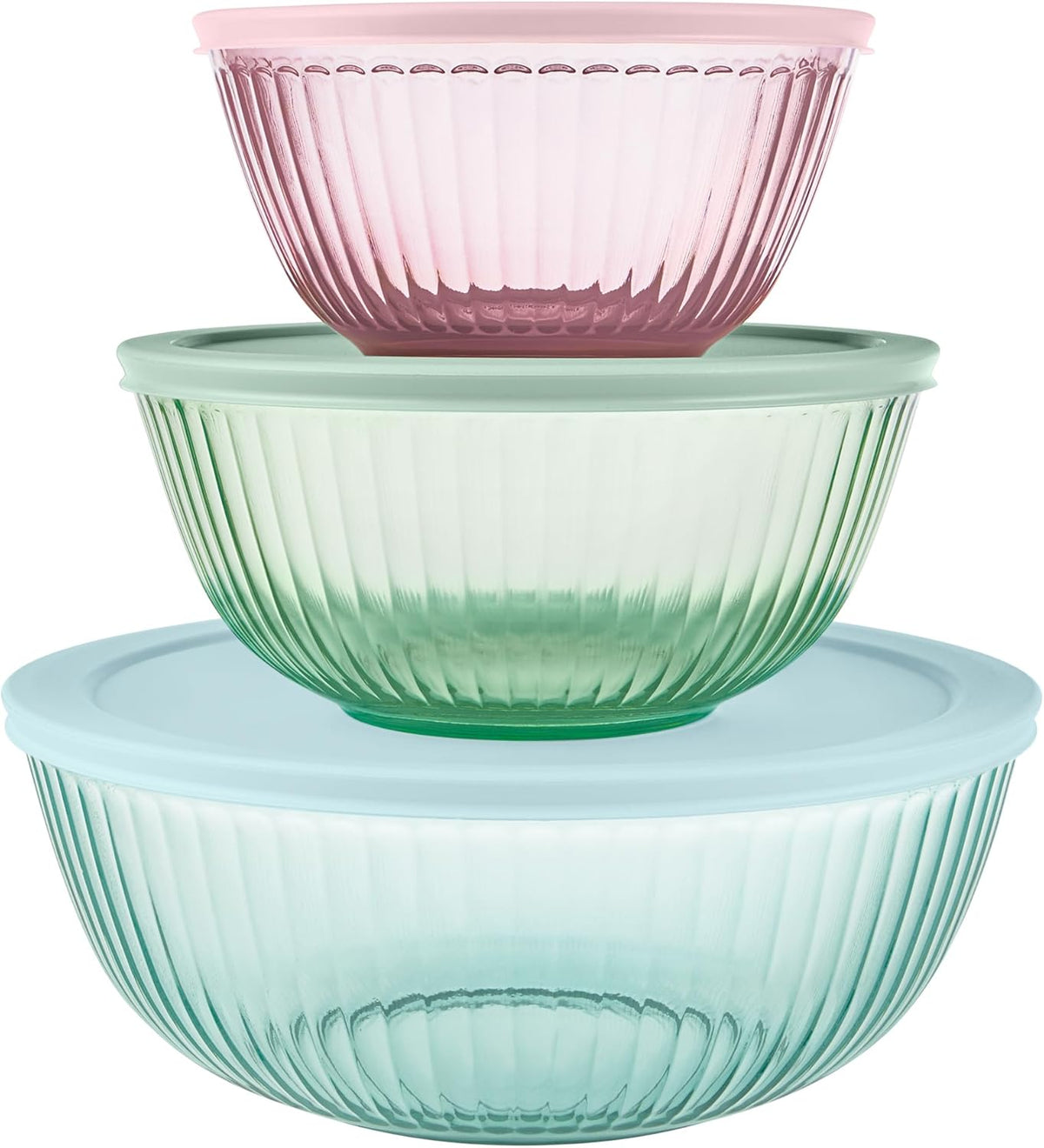 Pyrex Colors Tinted (Full Set) Sculpted Tinted Glass Mixing Bowls With Plastic Lids, Nesting Space Saving Set of Bowls For Prepping and Baking, 1.3QT, 2.3QT & 4.5QT
