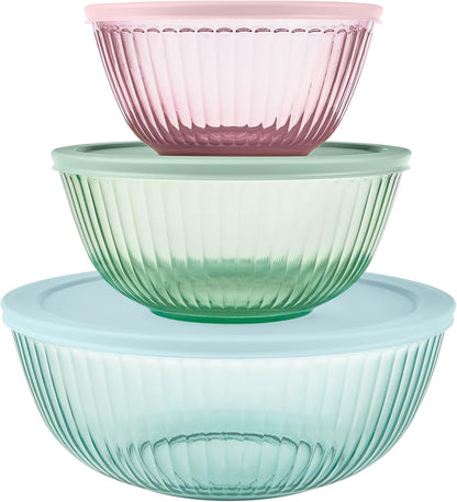 Pyrex Colors Tinted (Full Set) Sculpted Tinted Glass Mixing Bowls With Plastic Lids, Nesting Space Saving Set of Bowls For Prepping and Baking, 1.3QT, 2.3QT & 4.5QT