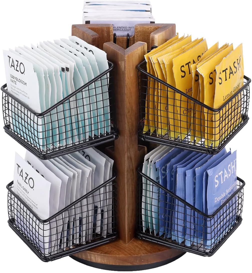 HTB 2 Tier Tea Organizer for Tea Bags, Tea Bag Holder with Acacia Wood Stand and 6 Removable Metal Basket for Sugar Packets, Sweeteners, Creamers for Cabinet, Countertop or Wall-mounted