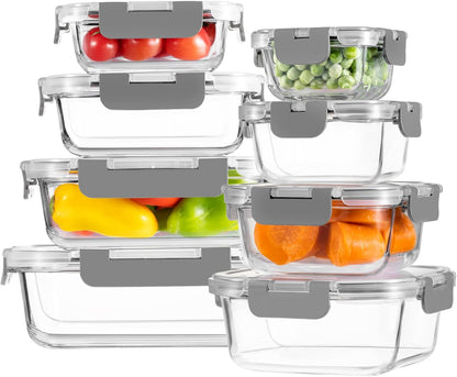 8 Pack Borosilicate Glass Food Storage Containers with Lids, Glass Meal Prep Containers, Airtight Bento Lunch Boxes with Snap Locks, Oven, Freezer and Dishwasher Safe, BPA Free, Kitchen Storage Set