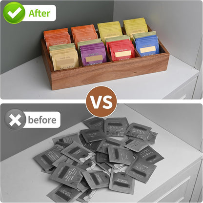 Acacia Wood Tea Bag Organizer with 8 Slots – Tea Bag Holder and Tea Organizer, Sugar Packet Storage for Countertops