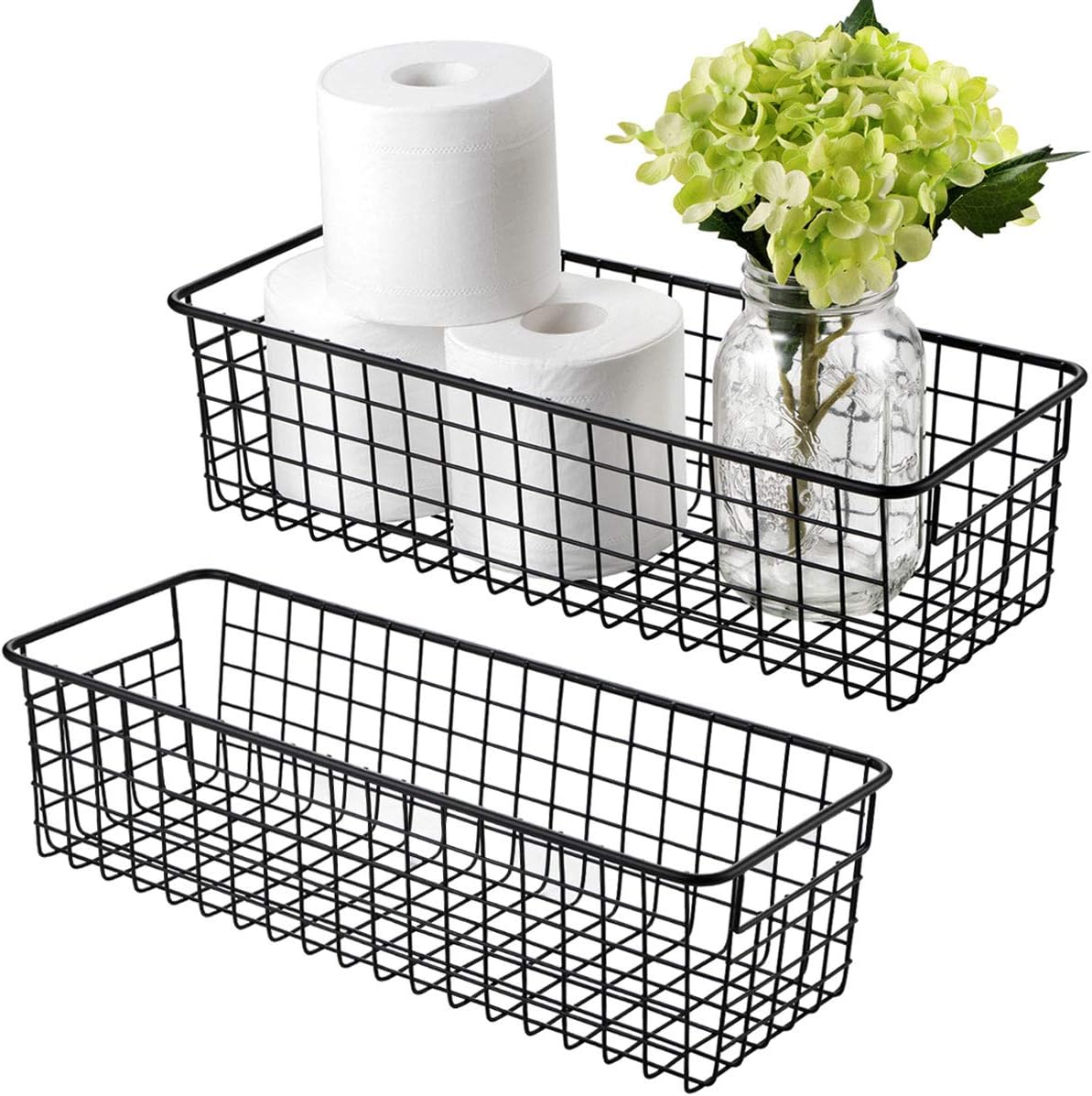SheeChung Farmhouse Metal Wire Bin Basket with Wall Mount - Small, - Portable Hanging Wall Basket, Rustic Home Storage Organizer for Cabinets, Pantry, Closets, Bathroom, Kitchen,Bedroom(Black)
