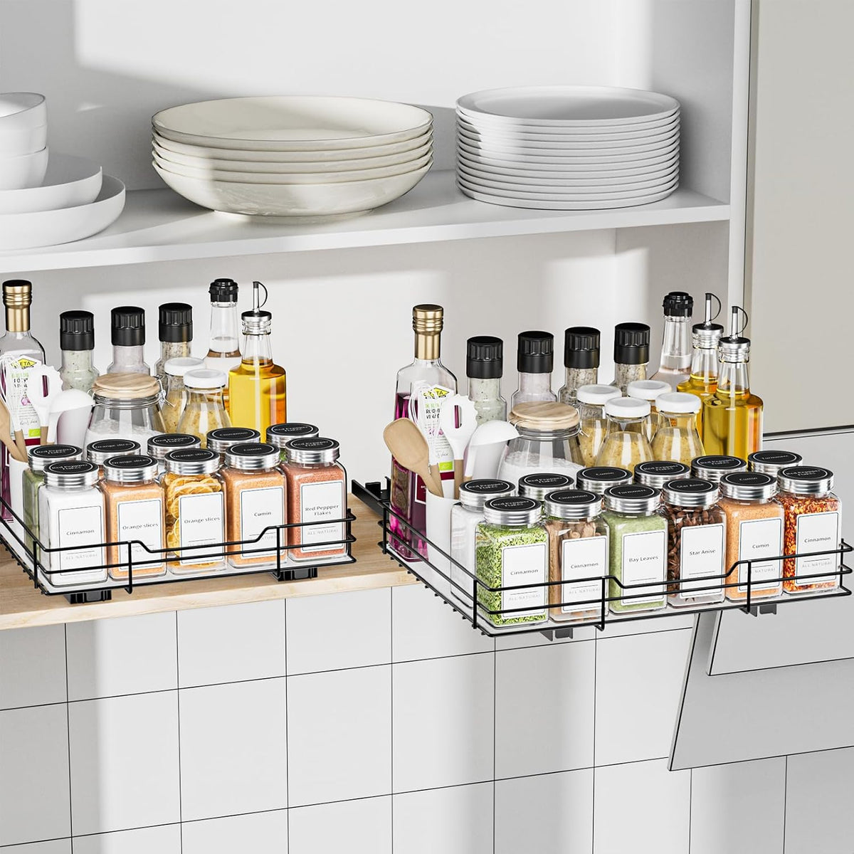 BOIVSHI 2-Tier Spice Rack, Pull Out Cabinet Organizer Spice Racks Height Adjustable Heavy Duty Metal Basket for Inside Cabinets & Pantry Closet(9.5''Wx10.5''Dx9.5''H)