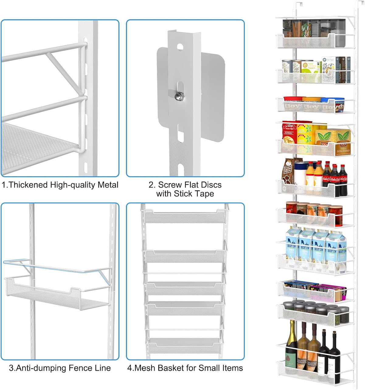 VyGrow 12.3" W Narrow Over the Door Pantry Organizer, 6-Tier Over the Door Organizer with Adjustable Basket, Pantry Door Organization for Pantry Kitchen Storage Room Spice Rack, White