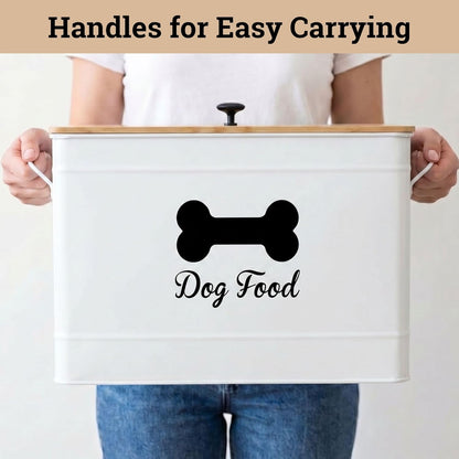 Dog Food Container Airtight 15-20 lb (70 Cup) Capacity with Metal Scoop - Cute Airtight Dog Food Storage Container with Bamboo Lid - Black Metal Kibble Storage Bin for Dogs up to 100 lbs - Big Pet Jar