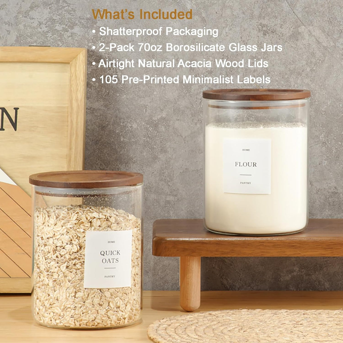 Glass Rice Containers with Acacia Wood Lids, 70oz Airtight Flour and Sugar Jars with 105 Labels, Large Glass Pantry Storage Jars for Cereal, Protein Powder, Cookies, Dry Food