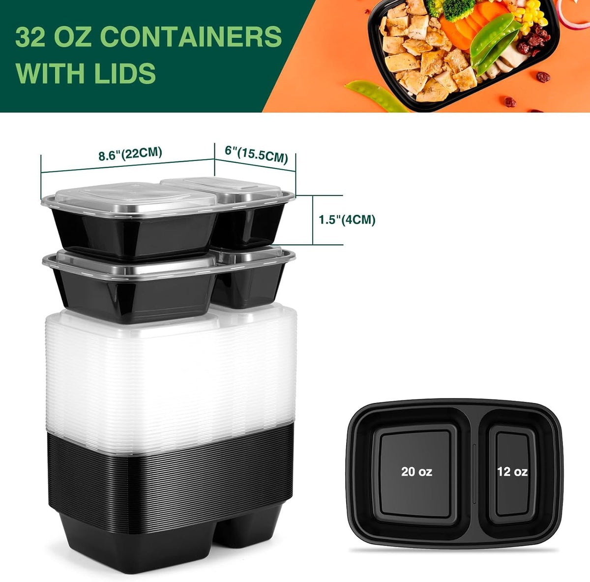 50 Pack (100-Piece) 32 oz Sturdy Leakproof 2-Compartment Meal Prep Containers with Lids, Plastic Food Storage Containers for Lunch, Microwave, Freezer, and Dishwasher Safe Takeout Containers