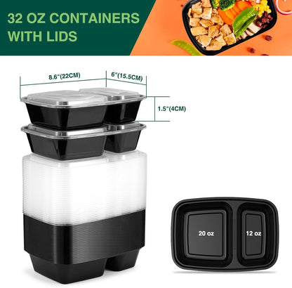 50 Pack (100-Piece) 32 oz Sturdy Leakproof 2-Compartment Meal Prep Containers with Lids, Plastic Food Storage Containers for Lunch, Microwave, Freezer, and Dishwasher Safe Takeout Containers