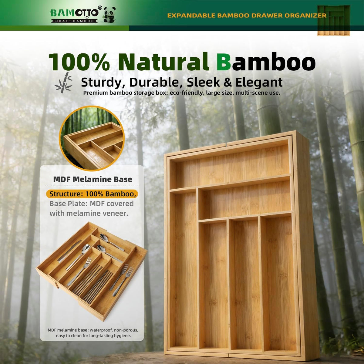 BAMOTTO CRAFTBAMBOO Stack Bamboo Drawer Organizer Set of 5, Kitchen Utensil, Flatware&Silverware Organizer-Wood Laminated Stackable for Kitchen, Bedroom, 13.4''x4.5''*2+10.2''x3.3''*2+10.2''x6.7''*1