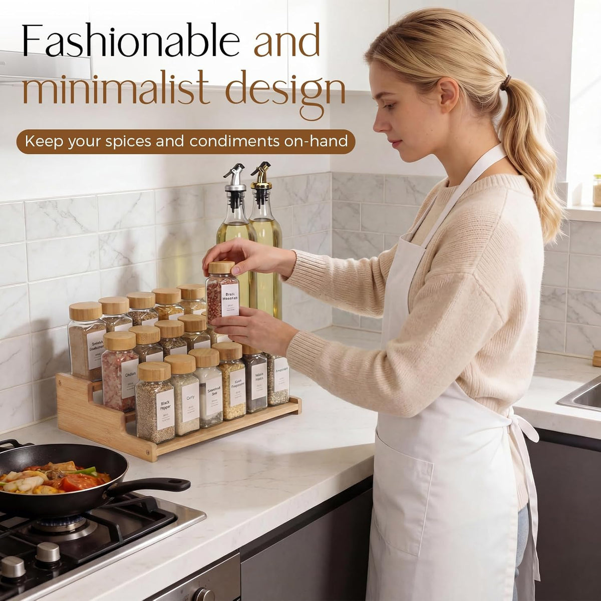 Spice Rack Organizer for Cabinet, 18in Bamboo Tiered Spice Rack，Used for Kitchen Countertops and Food Storage Room Organizer，Specially Designed for Jars and Spice Bottles(Bamboo, L)