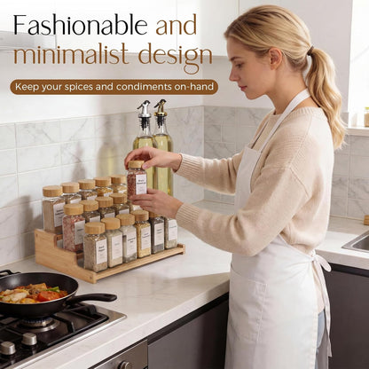 Spice Rack Organizer for Cabinet, 18in Bamboo Tiered Spice Rack，Used for Kitchen Countertops and Food Storage Room Organizer，Specially Designed for Jars and Spice Bottles(Bamboo, L)