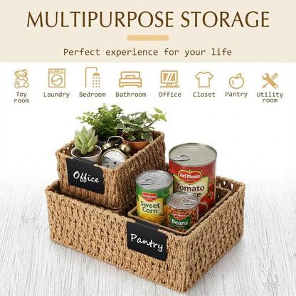 Marsui 6 Pcs Wicker Storage Baskets with Labels Handwoven Multi-size Brown Wicker Storage Bins for Organizing Small Baskets Container for Shelves Closet Pantry Toilet(Brown )