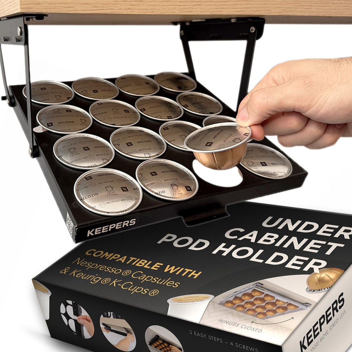COFFEEKEEPERS KEEPERS Under Cabinet K Cup Holder with Swing-Down Access – Space-Saving Coffee Pod Holder and K Cup Organizer for 24 Pods – Steel Coffee Pod Organizer with Easy DIY Installation