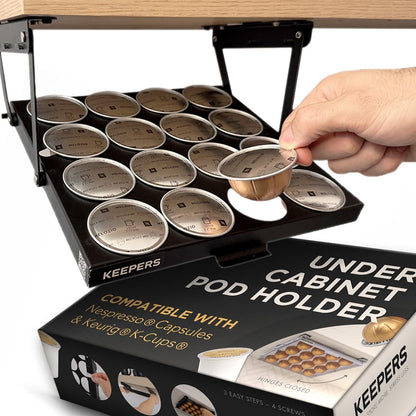 COFFEEKEEPERS KEEPERS Under Cabinet K Cup Holder with Swing-Down Access – Space-Saving Coffee Pod Holder and K Cup Organizer for 24 Pods – Steel Coffee Pod Organizer with Easy DIY Installation