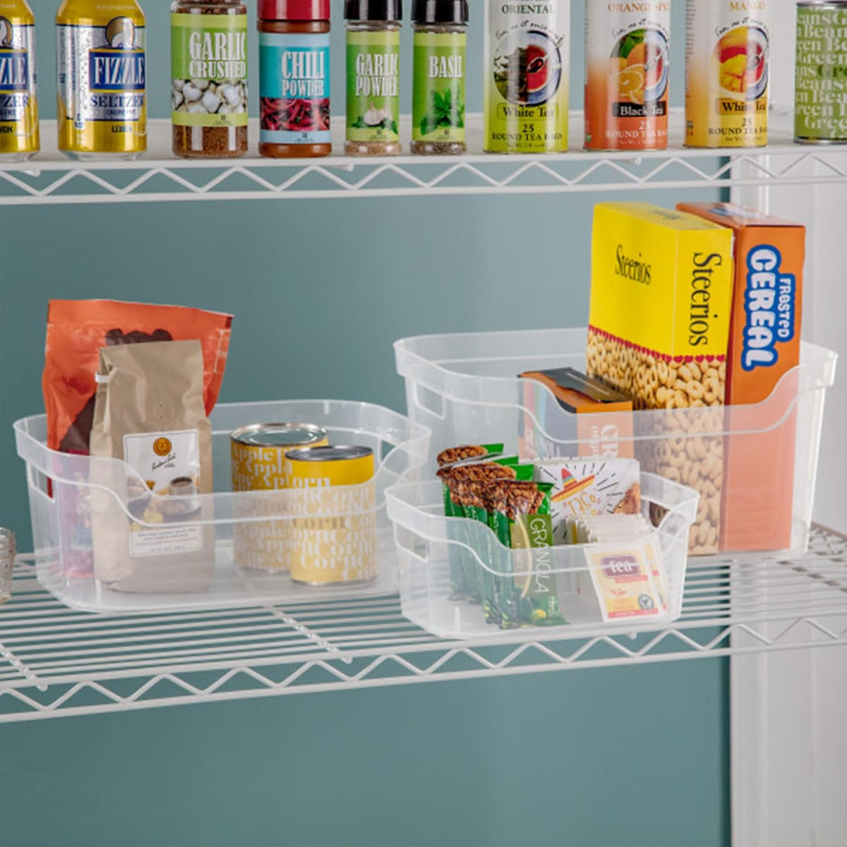 Sterilite 7 x 11 x 14.25 Inch Polished Open Scoop Front Storage Bin with Comfortable Carry Through Handles for Household Organization, Clear