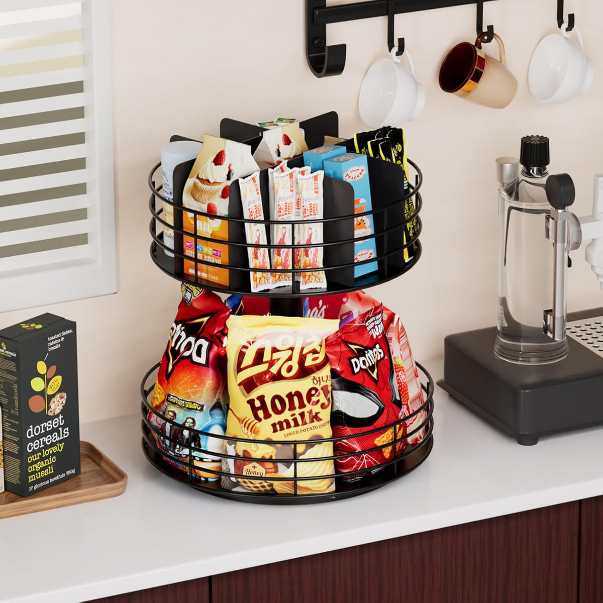 Snack Organizer - Versatile Snack Storage 2 Tier Lazy Susan with Convenient Grab-and-Go Design, Wood and Metal Snack Holder for Home, Office, Breakroom, 12.13" L x 12.13" W x 12.56" H