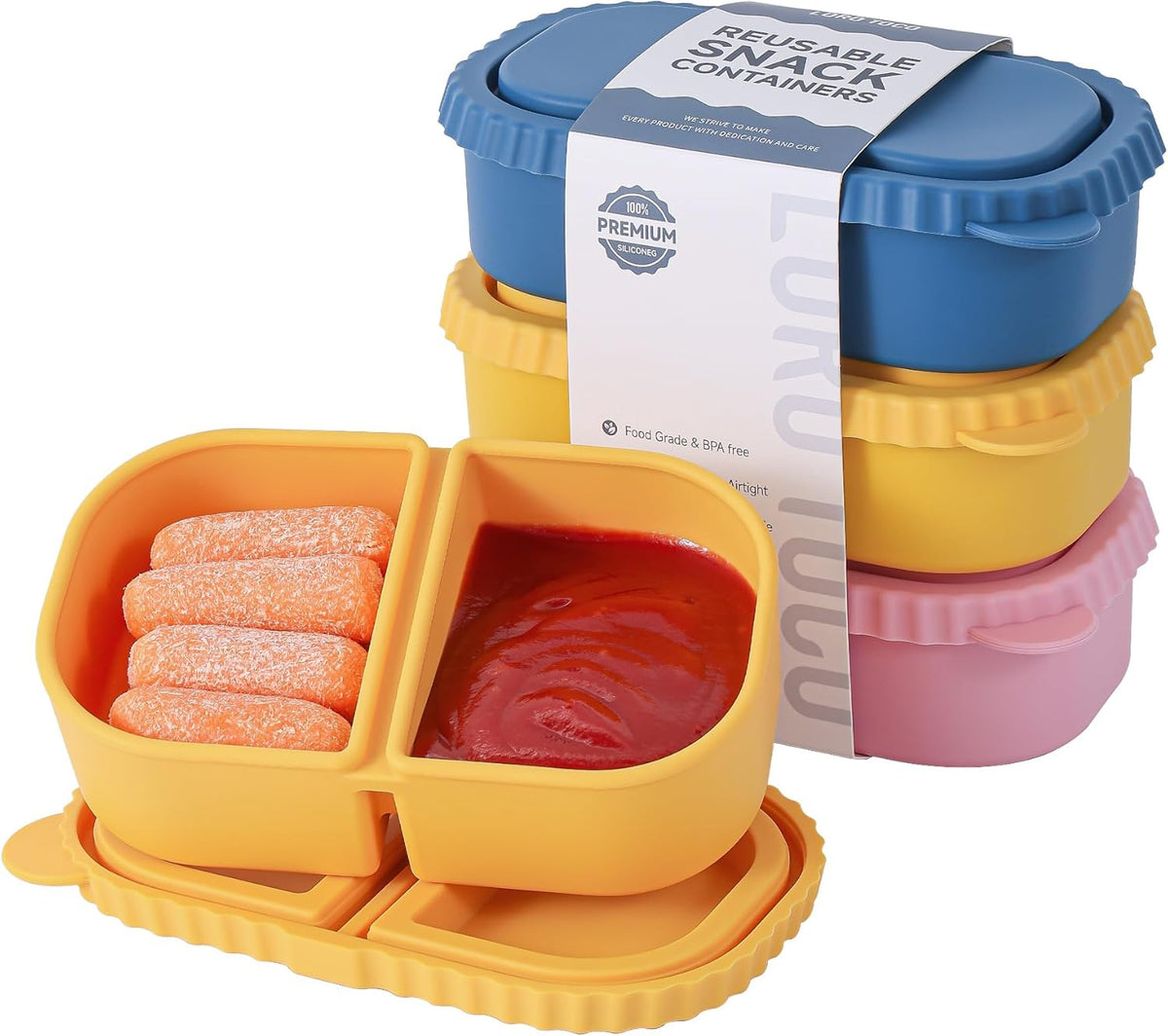 Silicone Reusable Snack Containers with Lids - 8 oz Double Compartment Snackle Box for Kids & Adults, BPA-Free & Leakproof, Small for Dressing, Snacks, School, Office, Picnic