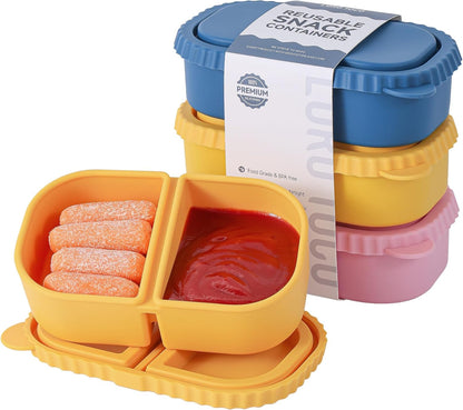 Silicone Reusable Snack Containers with Lids - 8 oz Double Compartment Snackle Box for Kids & Adults, BPA-Free & Leakproof, Small for Dressing, Snacks, School, Office, Picnic