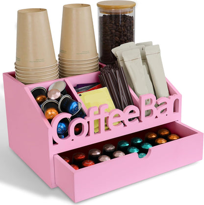 Coffee Bar Organizer for Countertop – Wooden Coffee Caddy with Compartments for Pods, Sugar Packets, and Accessories – Coffee Condiment Station Storage for Home and Office (Black)