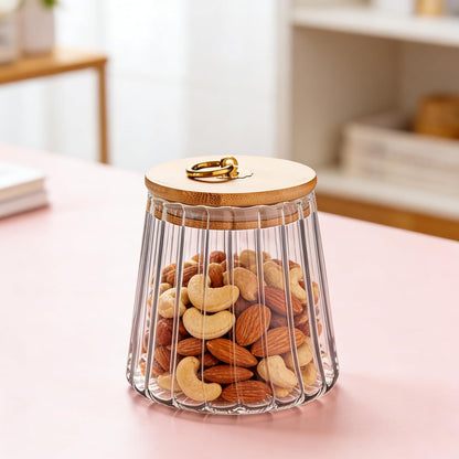 FANTESTICRYAN Glass Coffee Nuts Canister Airtight Storage Jar Petal Decorative Container with Bamboo Lid Metal Handle Easy to Grasp 700ml, 23 FL OZ