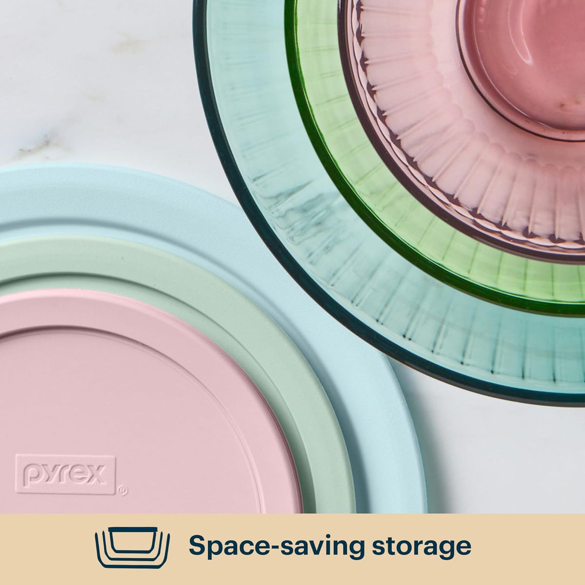 Pyrex Colors Tinted (Full Set) Sculpted Tinted Glass Mixing Bowls With Plastic Lids, Nesting Space Saving Set of Bowls For Prepping and Baking, 1.3QT, 2.3QT & 4.5QT